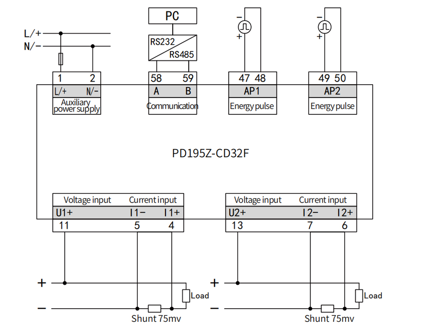 PD195Z-CD32F DC DIN-rail Mounted Energy Meter for EV Charger Typical Wiring