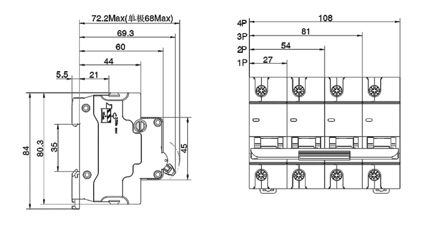 Miniature Circuit Breaker SFB5T-125 Series Dimension